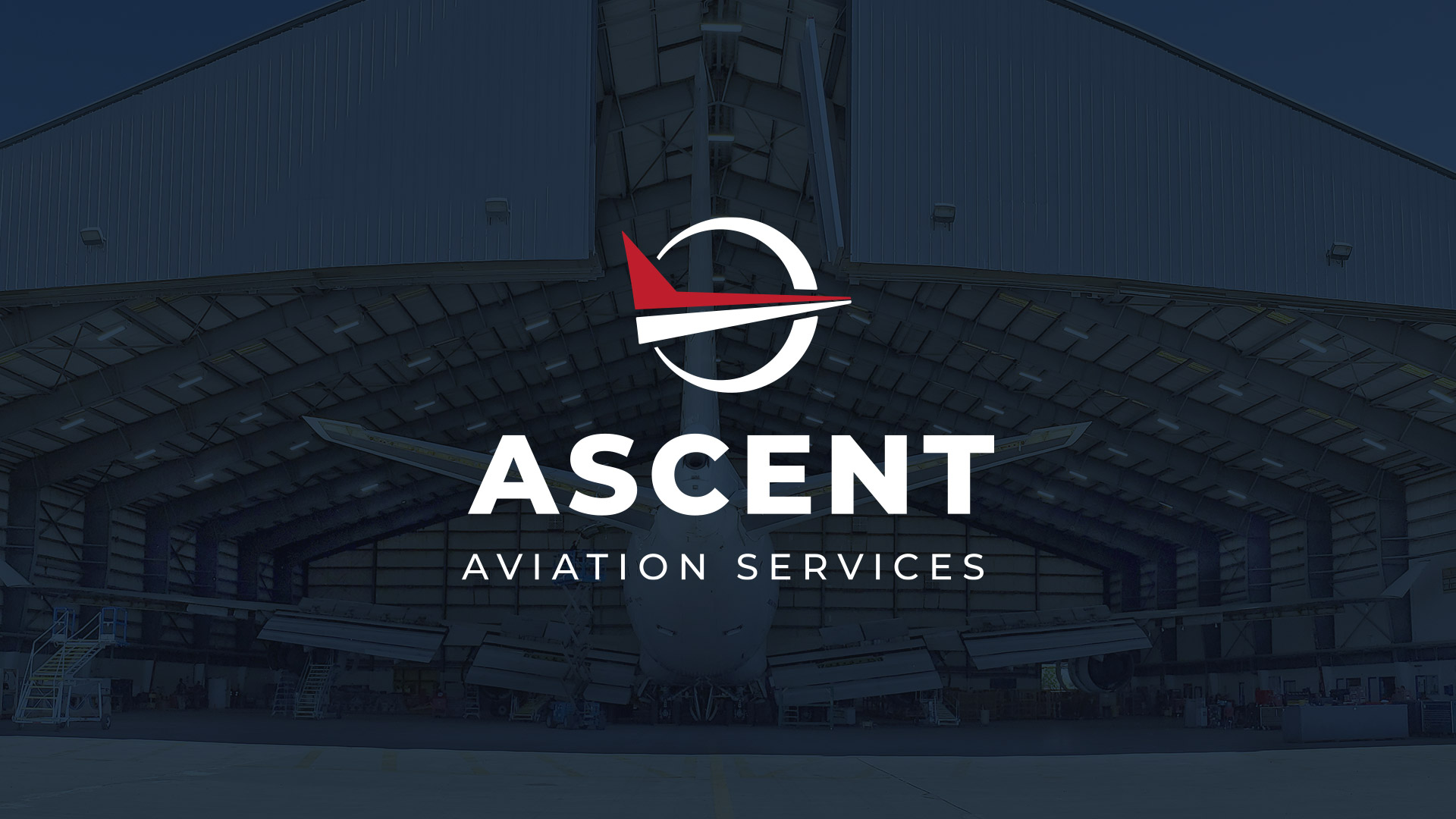 Ascent Aviation Services logo over aircraft hangar background