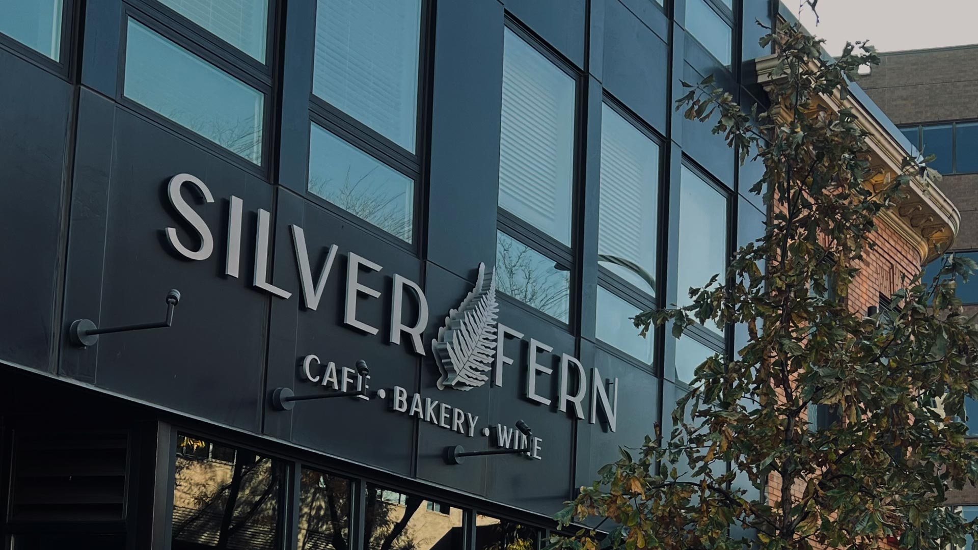 Silver Fern Café sign on modern building exterior.