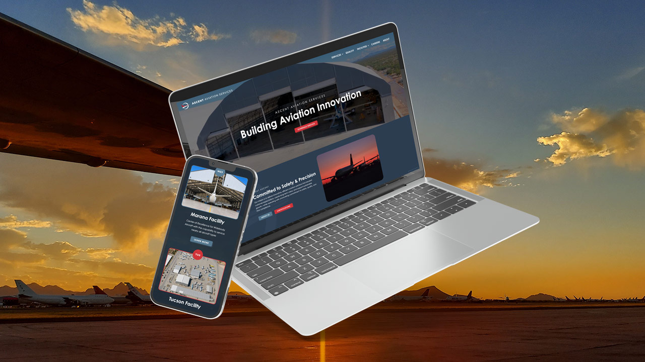 Ascent Aviation Services website on laptop and mobile at airport