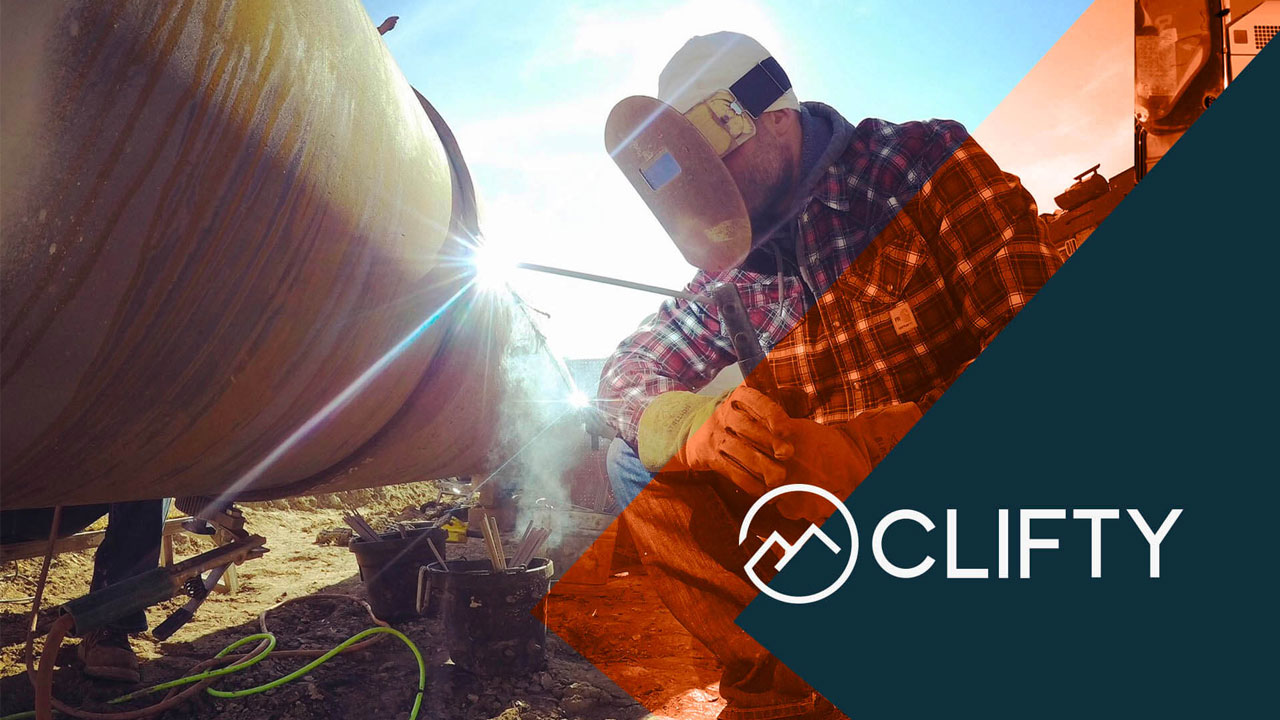 Welder working on industrial pipe, Clifty logo