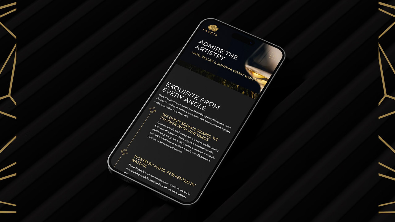 Smartphone displaying wine advertisement design.
