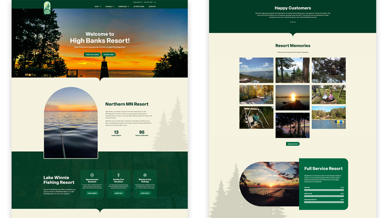 High Banks Resort lake and sunset scene.