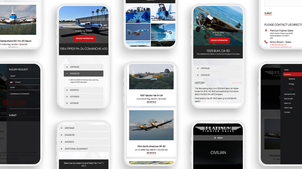 Airplane sales website mobile interface display.