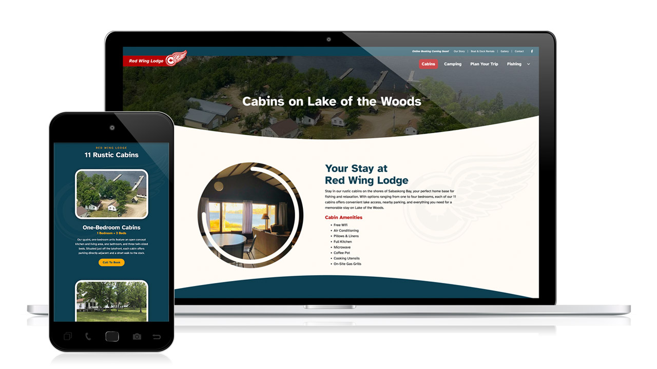 Red Wing Lodge website displayed on laptop and mobile