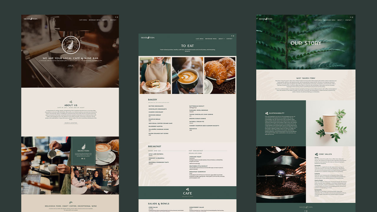 Cafe website with menu, story, and sustainability focus.
