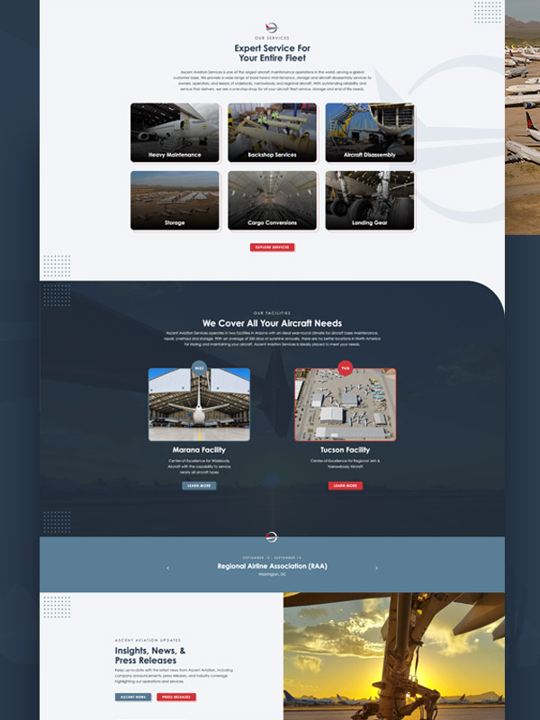 Ascent Aviation Services website showcasing aircraft maintenance fleet services