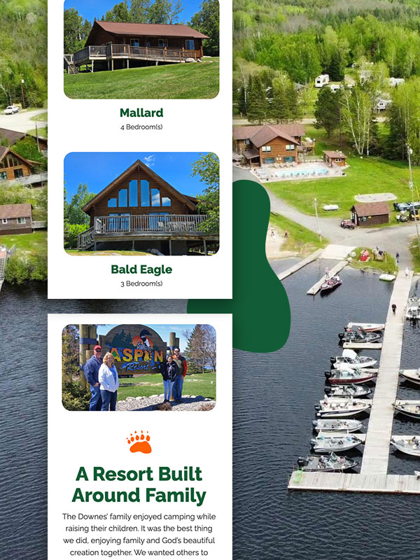 Aspen Resort lakeside cabins and marina with boats