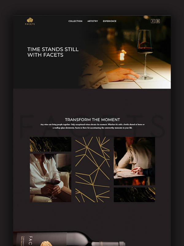 Wine and hands at a bar with Facets branding.