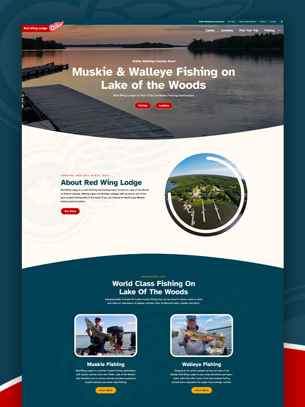 Red Wing Lodge fishing resort website showcasing Lake of the Woods