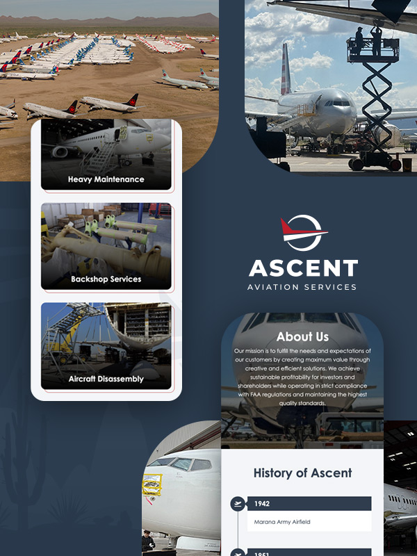 Ascent Aviation Services website showcasing aircraft maintenance services