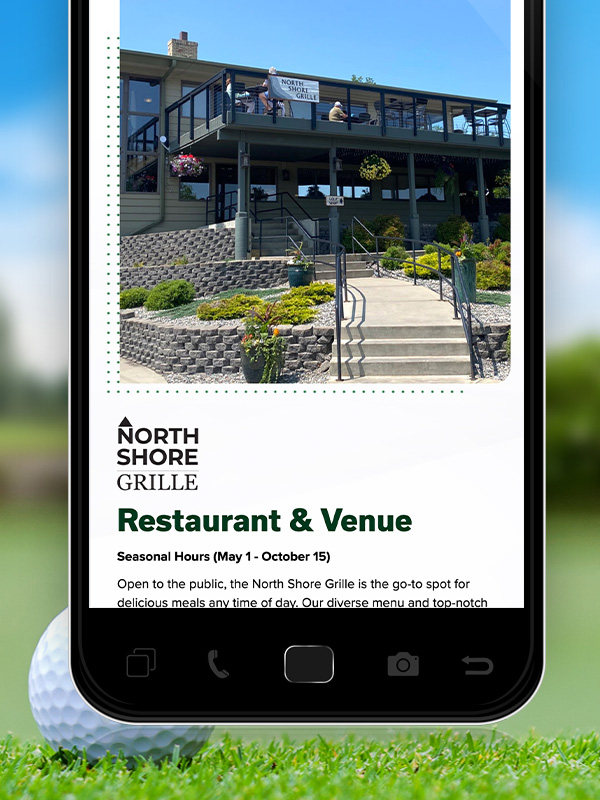 North Shore Grille exterior view on smartphone screen.