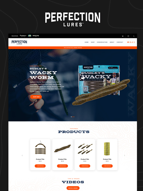 Perfection Lures fishing products displayed on website.