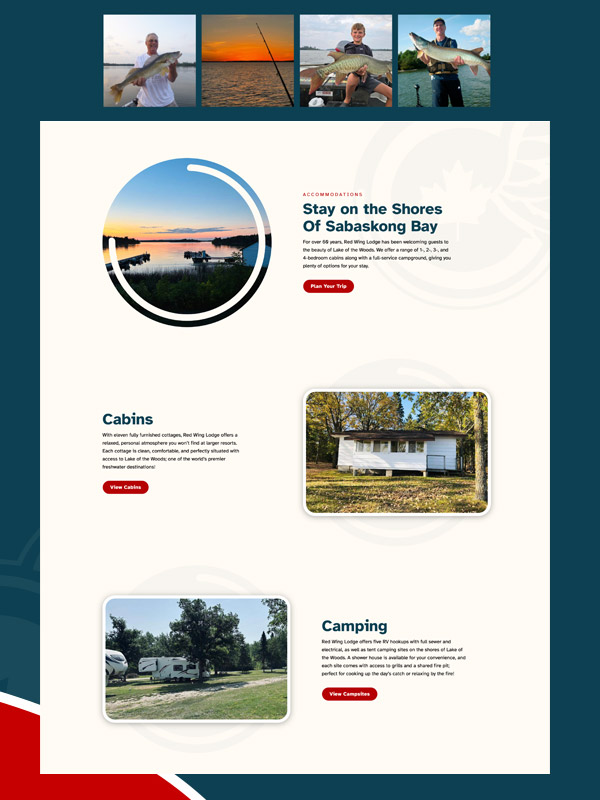 Red Wing Lodge fishing resort website showcasing cabins and camping