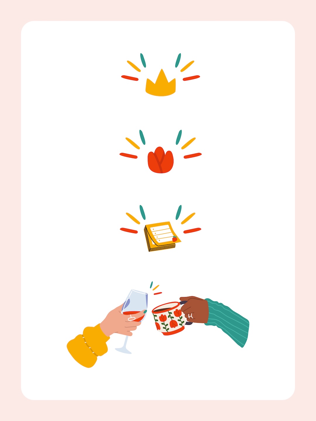 Colorful icons crown flower notebook and toasting hands