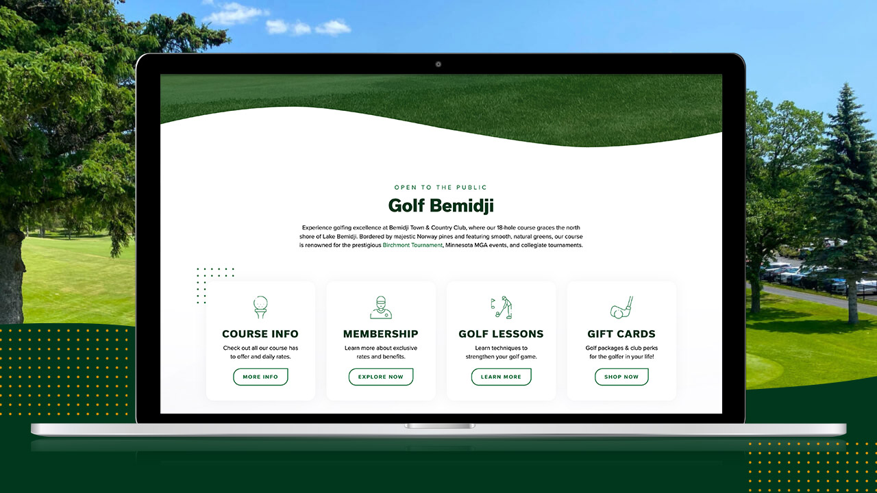 Golf Bemidji website displayed on a laptop screen.