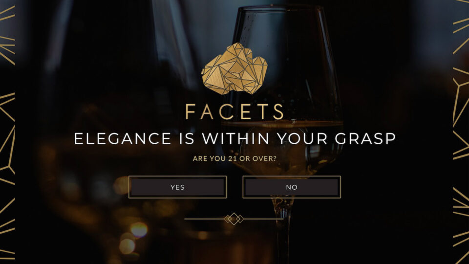Facets website age verification page with wine glass.