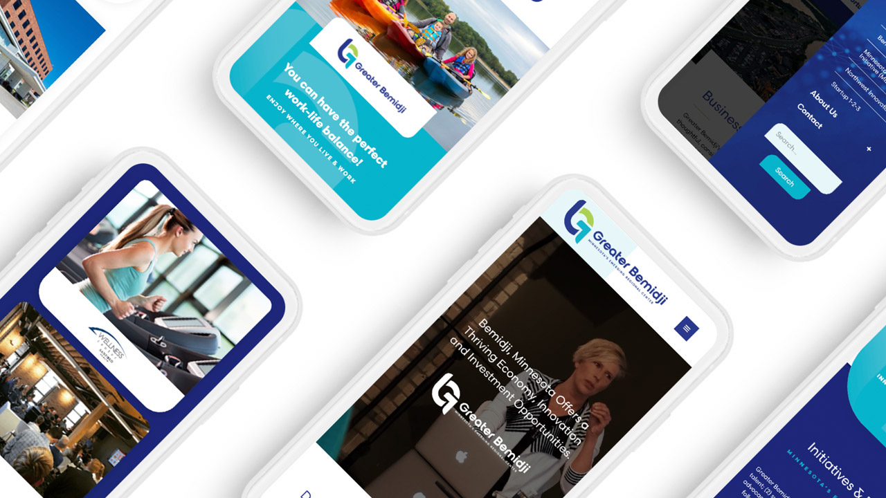 Mobile screens displaying Greater Bemidji website.