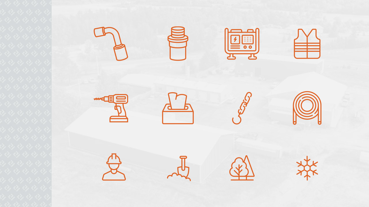 Construction icons including tools, gear, and equipment.
