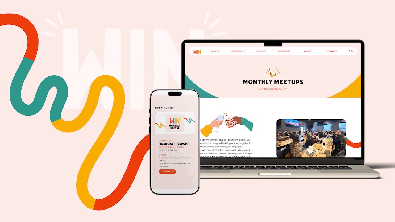 WIN Monthly Meetups website displayed on laptop and phone