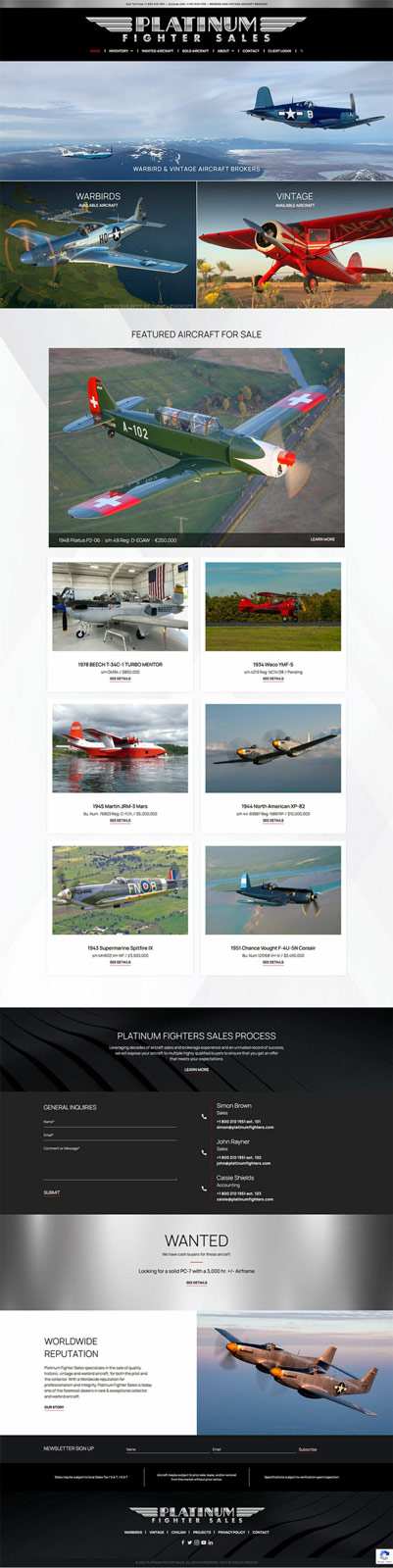 Vintage aircraft sales and brokerage website homepage.