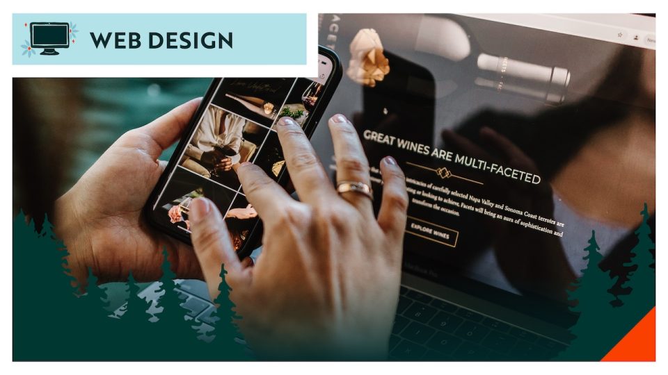 Hands browsing wine website on phone and laptop