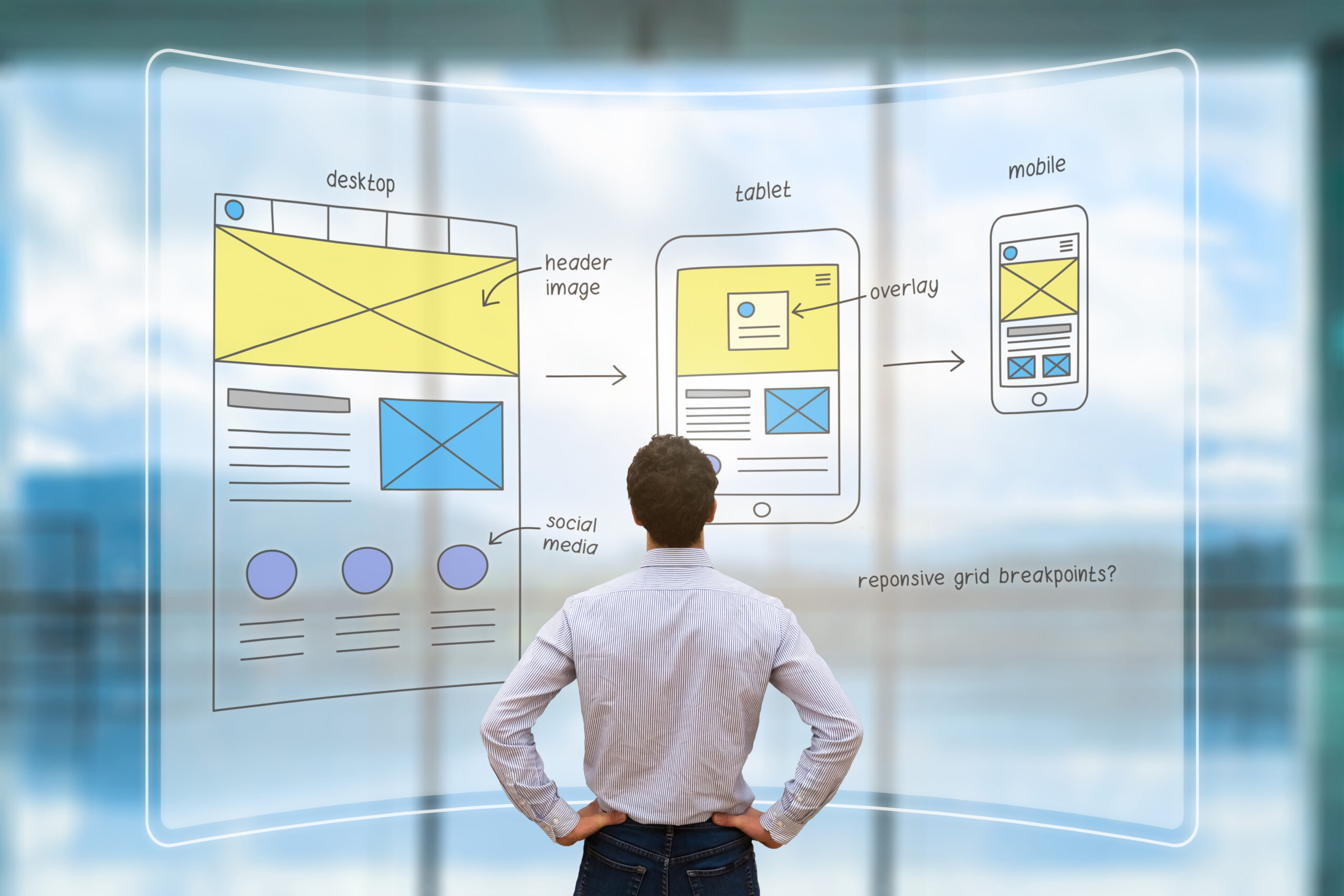 Website front end designer reviewing wireframe layout mockup, AR screen Website development UI/UX front end designer reviewing sketched wireframe layout design mockup for responsive web content with AR screen
