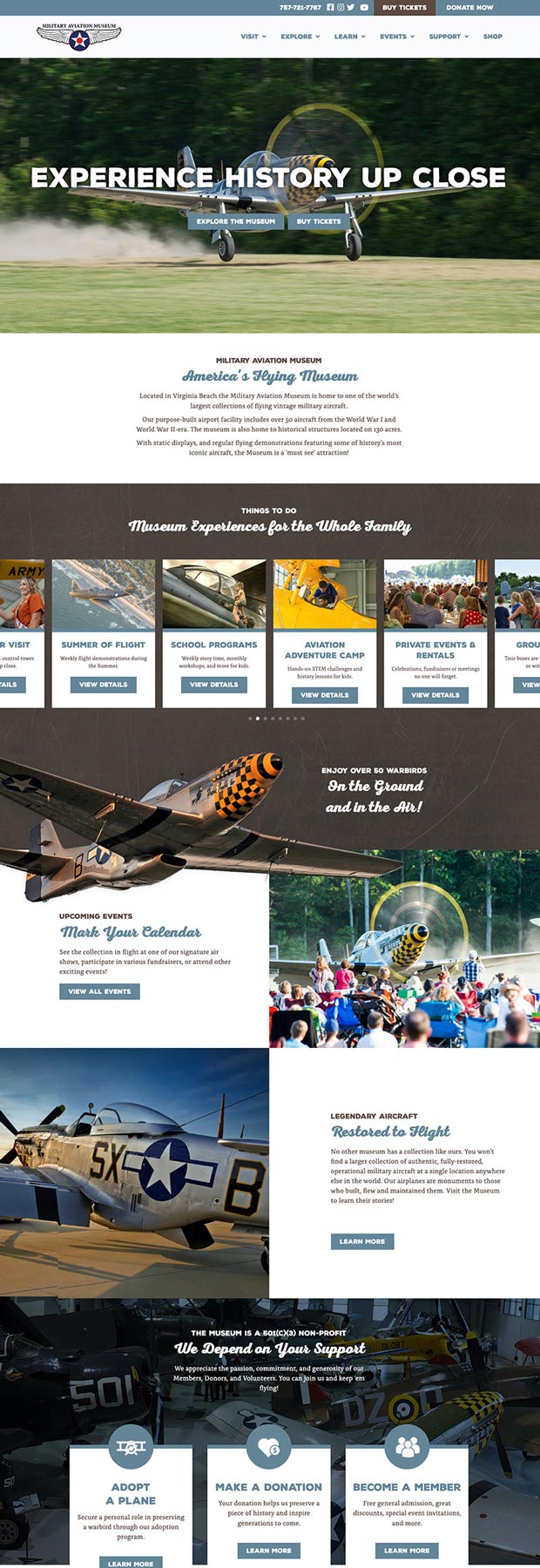 Military Aviation Museum homepage with vintage aircraft.