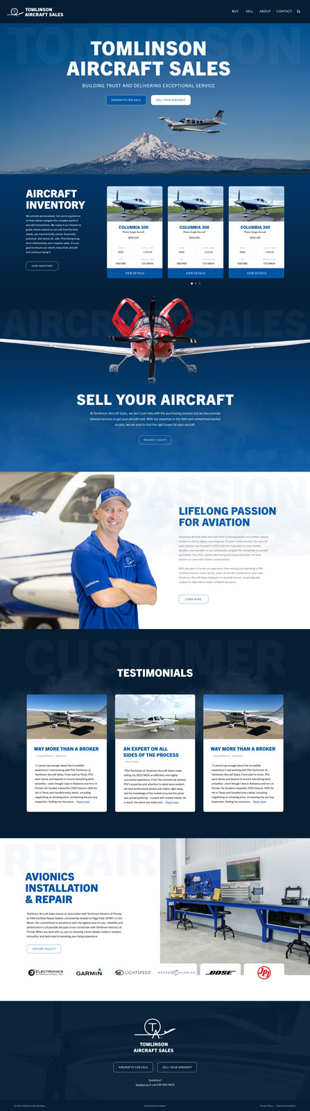 Tomlinson Aircraft Sales homepage with planes and services.